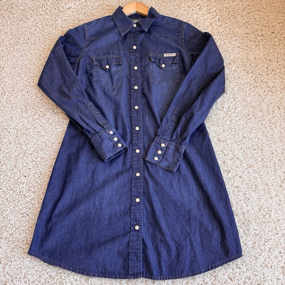 Lucky Brand Denim Shirt Dress Women Small Blue Western Pearl Snap Cotton S